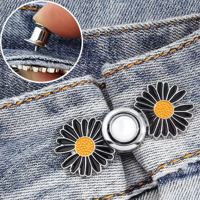 Black daisy waist knots with yellow centers and detachable mushroom pin on denim; adjustable no-sew.