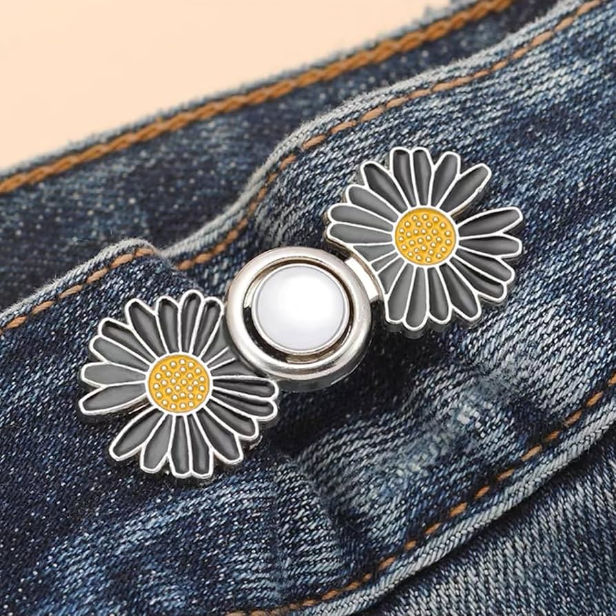 Black Daisy Waist Knots with adjustable detachable mushroom pin; no-sew solution on denim.